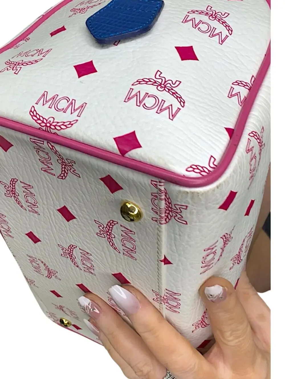 MCM White and Pink Visetos Leather Lion Boston Bag Satchel Top Handle Handbag